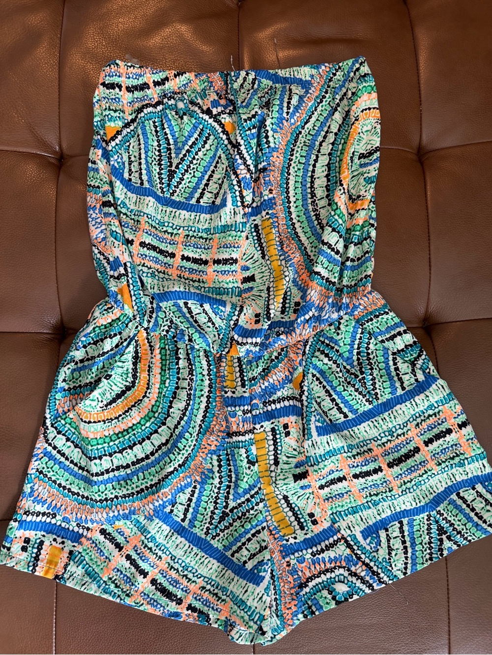 Bevello Julie Billiar Striped Strapless Romper in Teal & Blue Small NWT